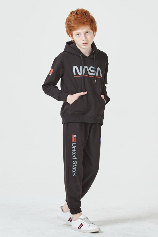 Erkek Çocuk Şardonsuz 2 İplik Baskılı Kapüşonlu Spor Eşofman Takımı – Normal Kalıp 8-9 Yaş - SİYAH