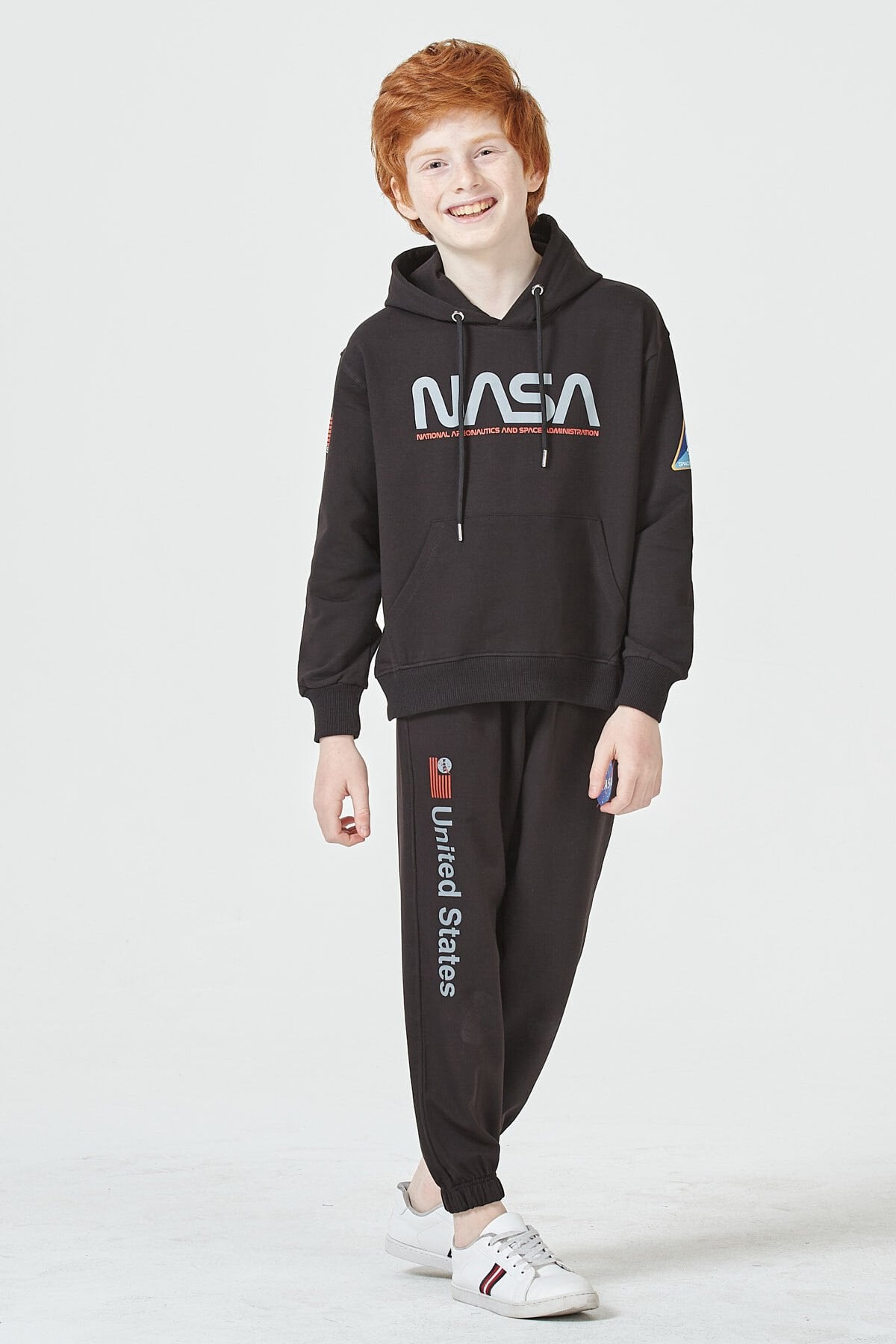 Erkek Çocuk Şardonsuz 2 İplik Baskılı Kapüşonlu Spor Eşofman Takımı – Normal Kalıp 10-11 Yaş - SİYAH