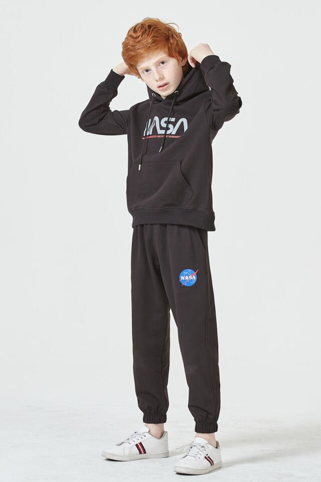 Erkek Çocuk Şardonsuz 2 İplik Baskılı Kapüşonlu Spor Eşofman Takımı – Normal Kalıp 10-11 Yaş - SİYAH