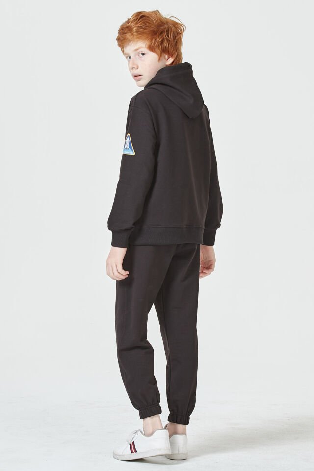 Erkek Çocuk Şardonsuz 2 İplik Baskılı Kapüşonlu Spor Eşofman Takımı – Normal Kalıp 10-11 Yaş - SİYAH