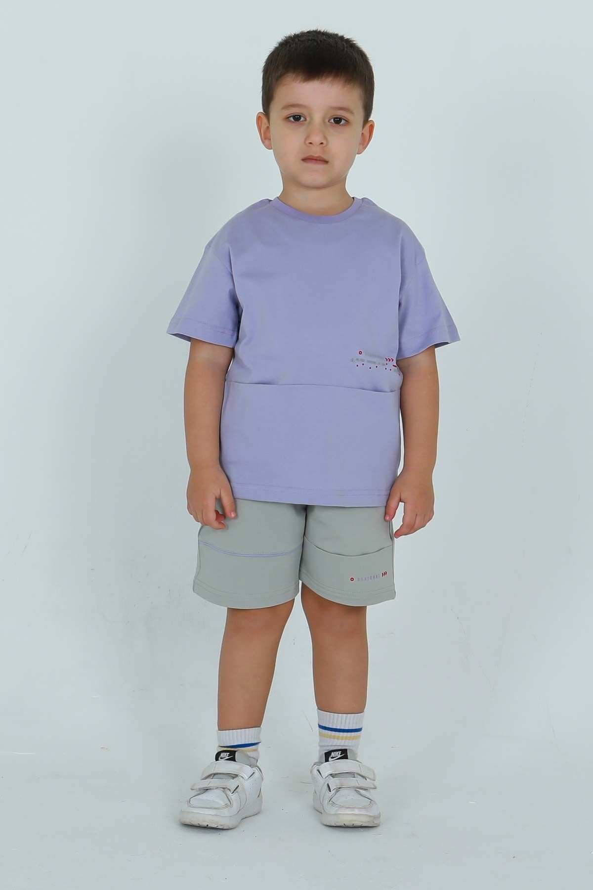 UNİSEX TİŞÖRT CEP YAZI BASKI DETAYLI AYARLANABİLİR LASTİK BEL ŞORT ALT ÜST TAKIM