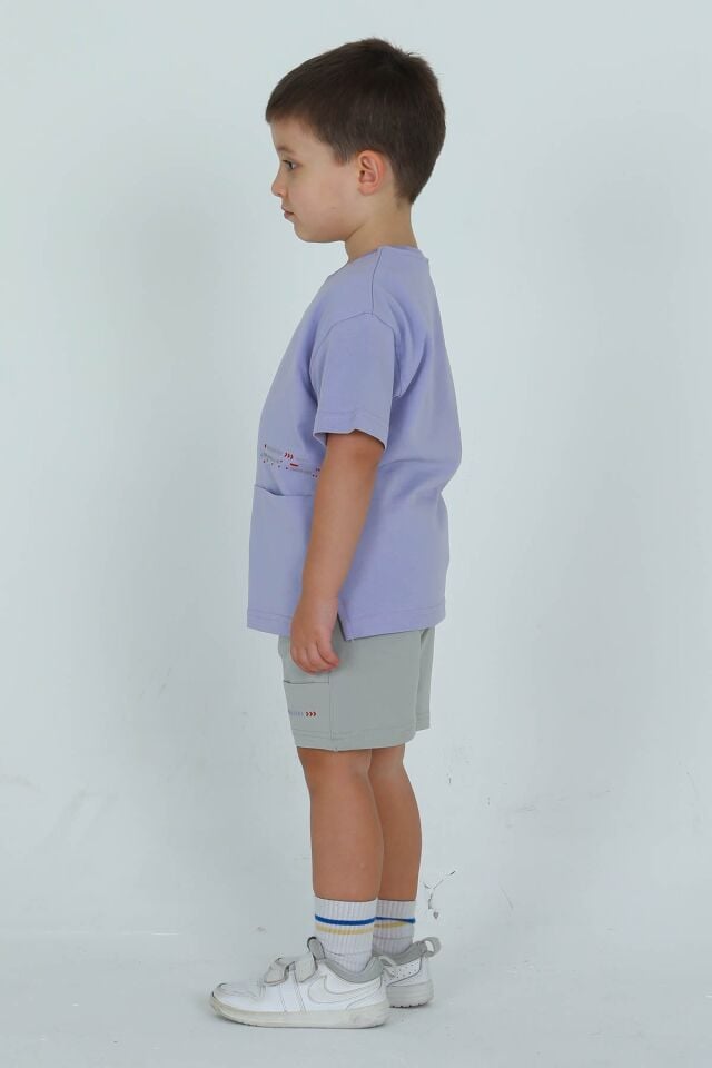 UNİSEX TİŞÖRT CEP YAZI BASKI DETAYLI AYARLANABİLİR LASTİK BEL ŞORT ALT ÜST TAKIM