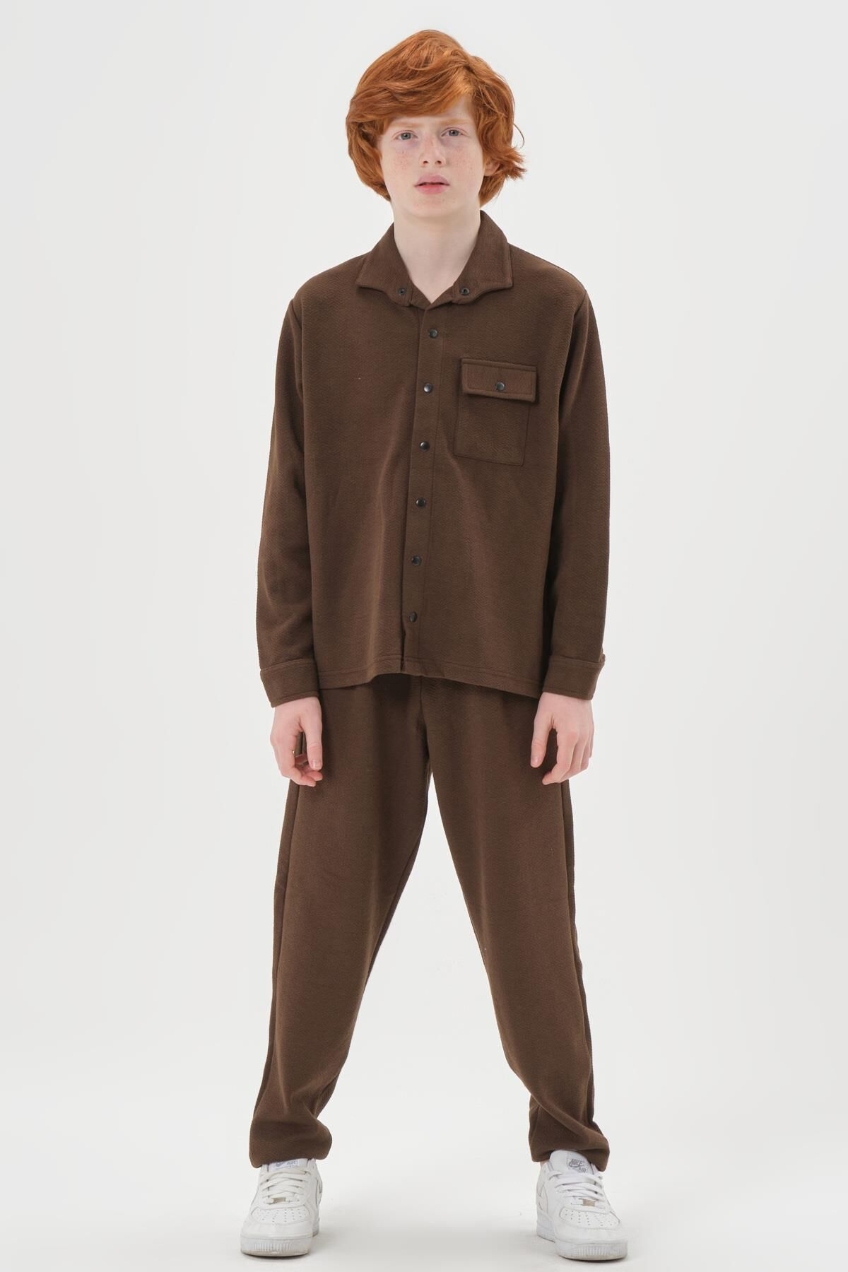 Black One Çocuk Jakarlı Kibrit Desen Düğme Detaylı Alt-Üst Takım – Rahat Kalıp KAHVE - 2-3 Yaş