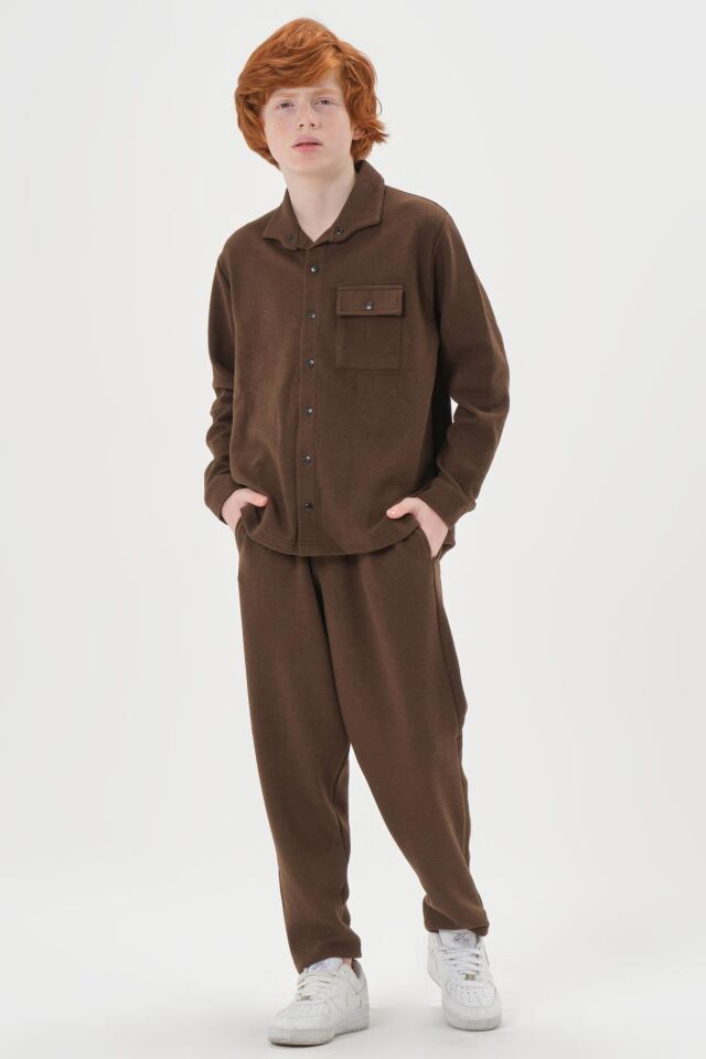 Black One Çocuk Jakarlı Kibrit Desen Düğme Detaylı Alt-Üst Takım – Rahat Kalıp KAHVE - 2-3 Yaş