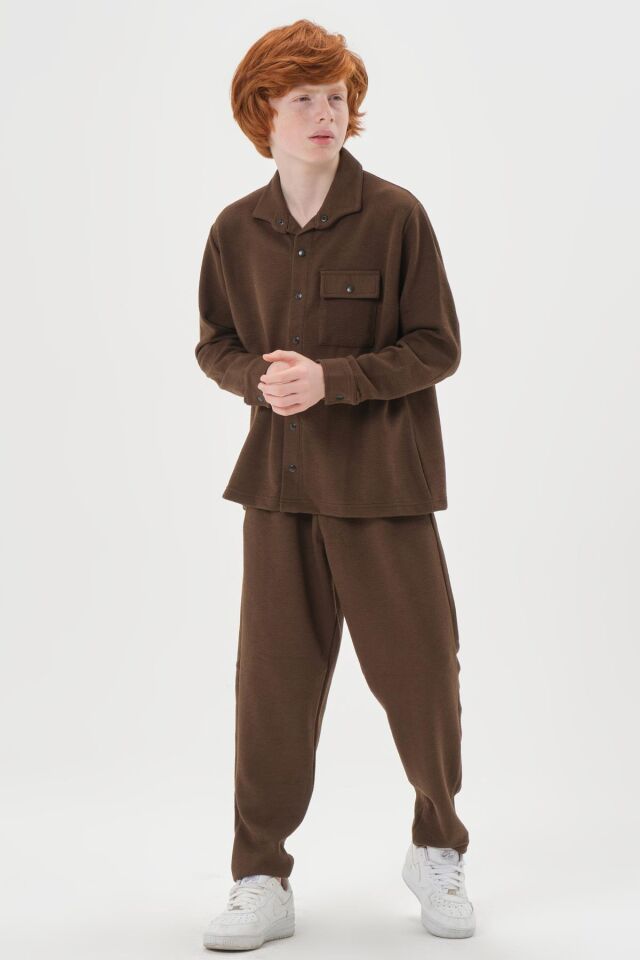 Black One Çocuk Jakarlı Kibrit Desen Düğme Detaylı Alt-Üst Takım – Rahat Kalıp KAHVE - 2-3 Yaş