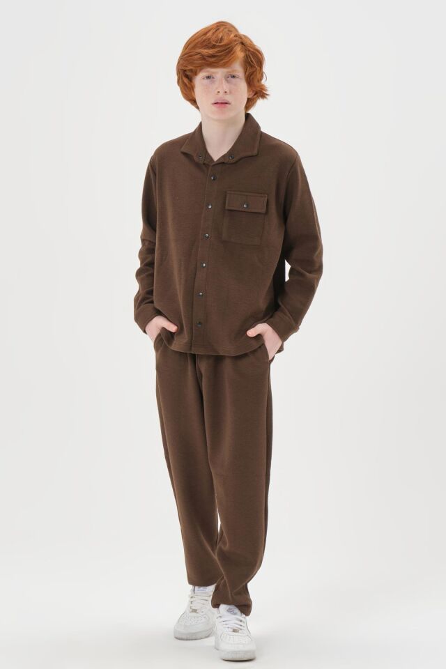 Black One Çocuk Jakarlı Kibrit Desen Düğme Detaylı Alt-Üst Takım – Rahat Kalıp KAHVE - 2-3 Yaş