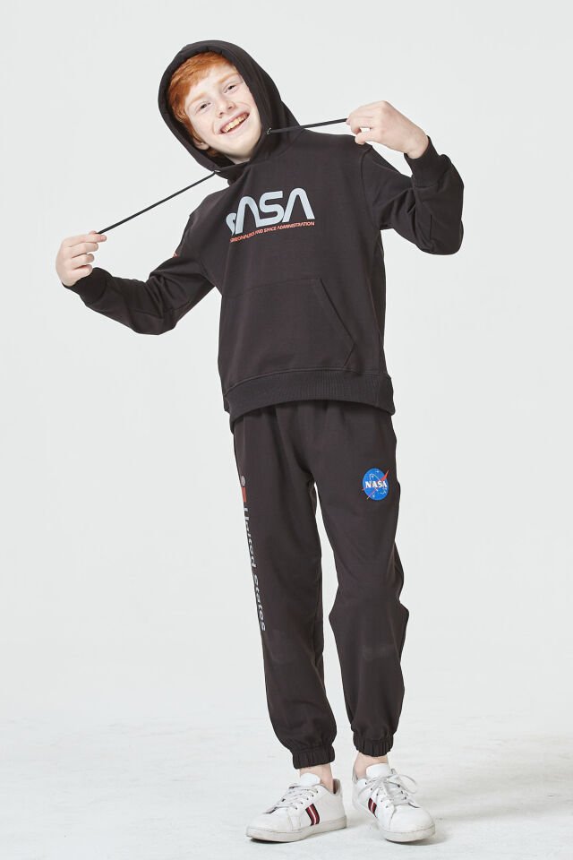 Erkek Çocuk Şardonsuz 2 İplik Baskılı Kapüşonlu Spor Eşofman Takımı – Normal Kalıp 12-13 Yaş - SİYAH