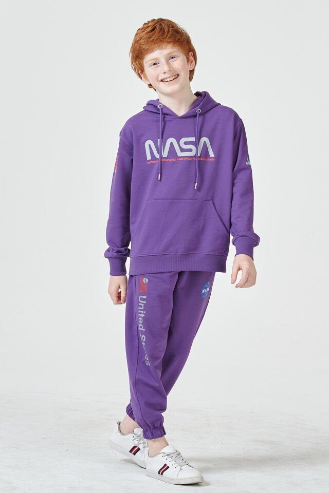 Erkek Çocuk Şardonsuz 2 İplik Baskılı Kapüşonlu Spor Eşofman Takımı – Normal Kalıp 11-12 Yaş - LACİVERT