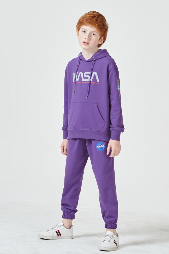 Erkek Çocuk Şardonsuz 2 İplik Baskılı Kapüşonlu Spor Eşofman Takımı – Normal Kalıp 11-12 Yaş - LACİVERT