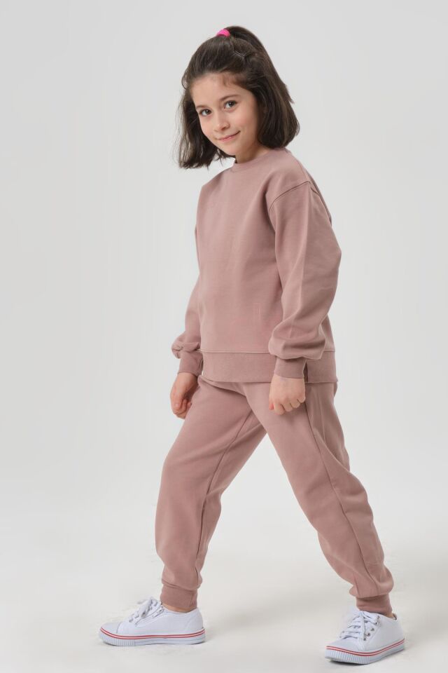 KIZ ÇOCUK BİSİKLET YAKA ÇELİKLİ İNTERLOK KUAMŞTAN BASKI DETAYLI EŞOFMAN ALT ÜST TAKIMI KOYU VİZON - 3-4 Yaş