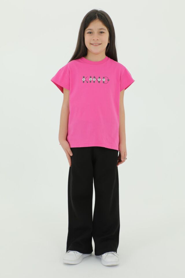 Bisiklet Yaka Baskı Detaylı Kız Çocuk Alt Üst Takım FUŞYA - 2-3 Yaş