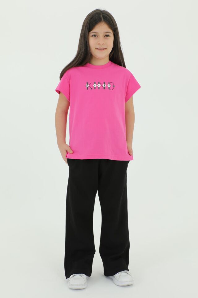 Bisiklet Yaka Baskı Detaylı Kız Çocuk Alt Üst Takım FUŞYA - 2-3 Yaş