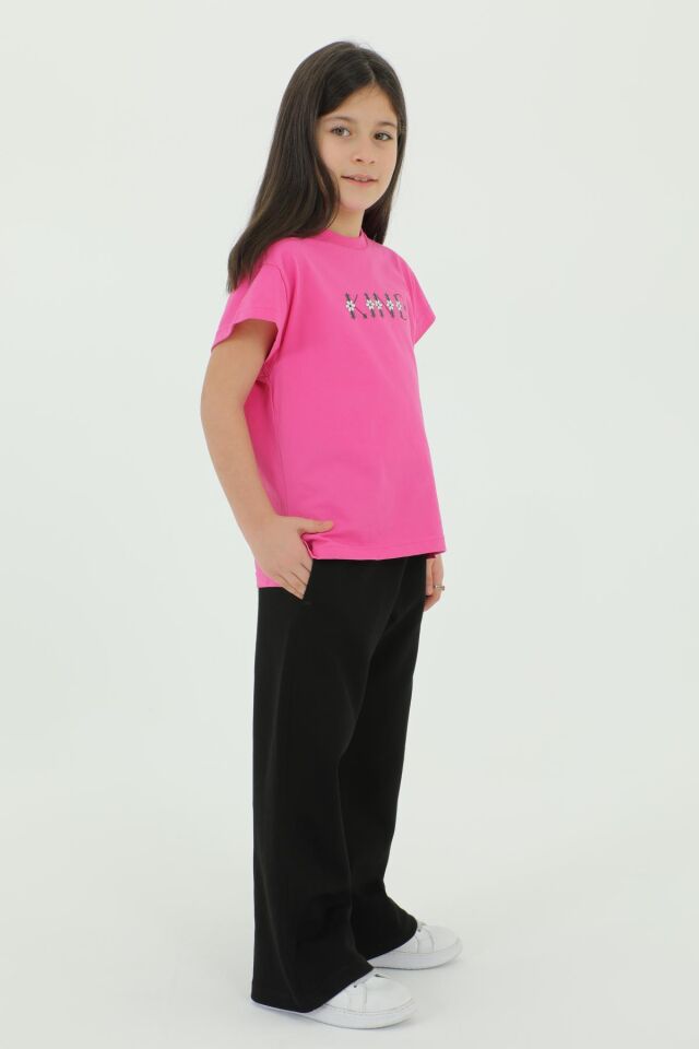 Bisiklet Yaka Baskı Detaylı Kız Çocuk Alt Üst Takım FUŞYA - 2-3 Yaş