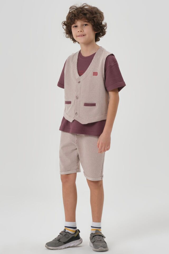 Petek Kumaştan Baskı Detaylı Erkek Çocuk Alt Şort Üst Bisiklet Yaka T-shırt Yelek Takımı SİYAH - 3-4 Yaş