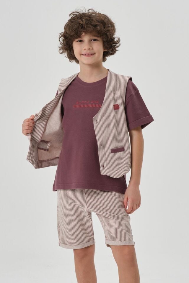 Petek Kumaştan Baskı Detaylı Erkek Çocuk Alt Şort Üst Bisiklet Yaka T-shırt Yelek Takımı