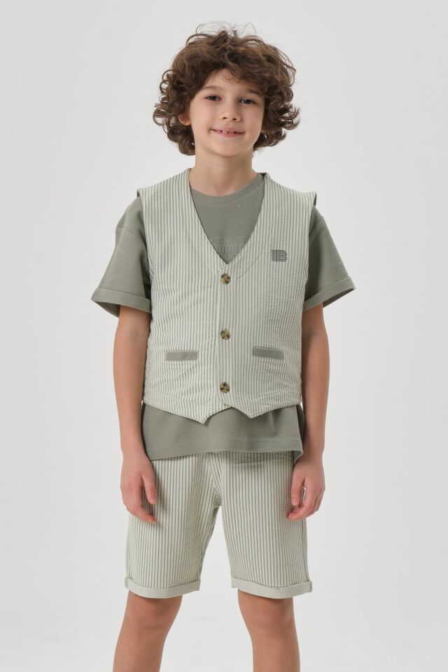 Petek Kumaştan Baskı Detaylı Erkek Çocuk Alt Şort Üst Bisiklet Yaka T-shırt Yelek Takımı ÇAĞLA - 2-3 Yaş