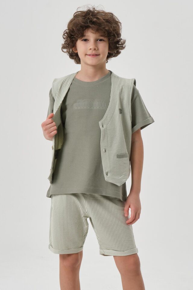 Petek Kumaştan Baskı Detaylı Erkek Çocuk Alt Şort Üst Bisiklet Yaka T-shırt Yelek Takımı ÇAĞLA - 2-3 Yaş