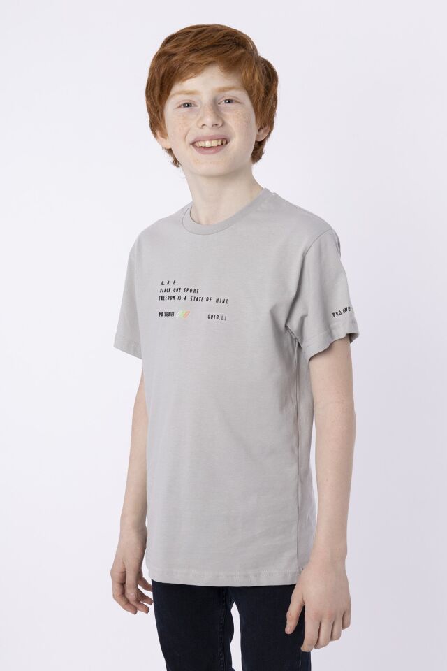 %100 PAMUK SÜPREM KUMAŞTAN ENJEKSİYON BASKILI ERKEK ÇOCUK T-SHIRT YAZLIK BİSİKLET YAKA BLACK ONE 9-10 Yaş - GRİ
