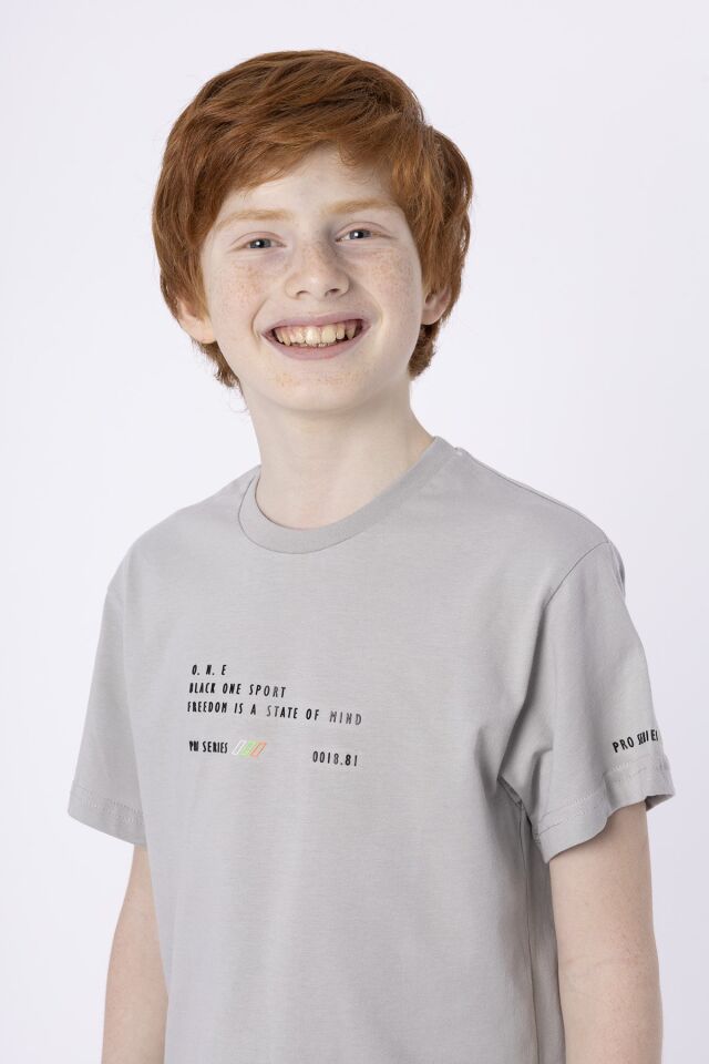 %100 PAMUK SÜPREM KUMAŞTAN ENJEKSİYON BASKILI ERKEK ÇOCUK T-SHIRT YAZLIK BİSİKLET YAKA BLACK ONE 9-10 Yaş - GRİ