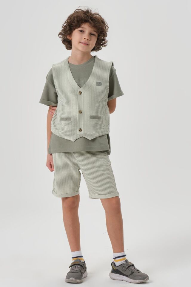 Petek Kumaştan Baskı Detaylı Erkek Çocuk Alt Şort Üst Bisiklet Yaka T-shırt Yelek Takımı ÇAĞLA - 6-7 Yaş