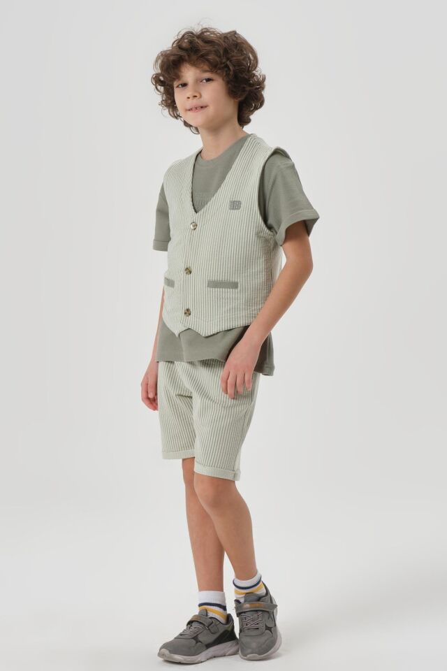 Petek Kumaştan Baskı Detaylı Erkek Çocuk Alt Şort Üst Bisiklet Yaka T-shırt Yelek Takımı ÇAĞLA - 6-7 Yaş