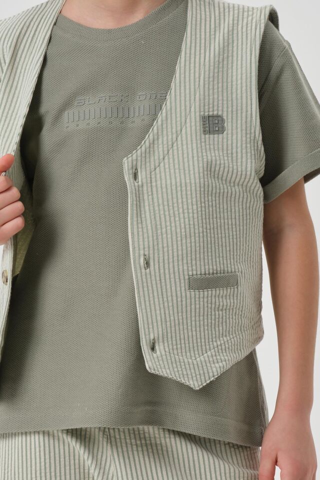 Petek Kumaştan Baskı Detaylı Erkek Çocuk Alt Şort Üst Bisiklet Yaka T-shırt Yelek Takımı ÇAĞLA - 6-7 Yaş