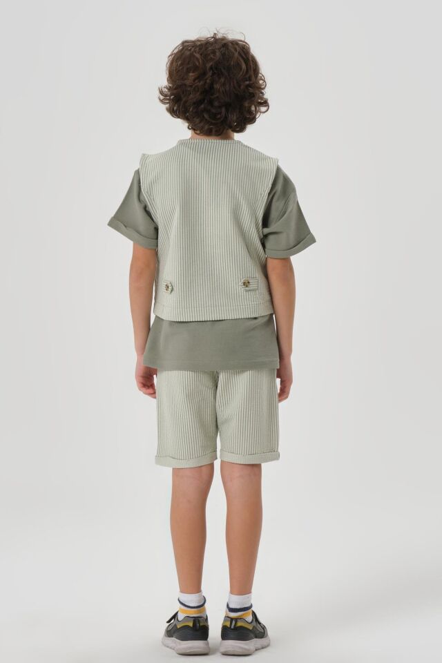 Petek Kumaştan Baskı Detaylı Erkek Çocuk Alt Şort Üst Bisiklet Yaka T-shırt Yelek Takımı ÇAĞLA - 6-7 Yaş