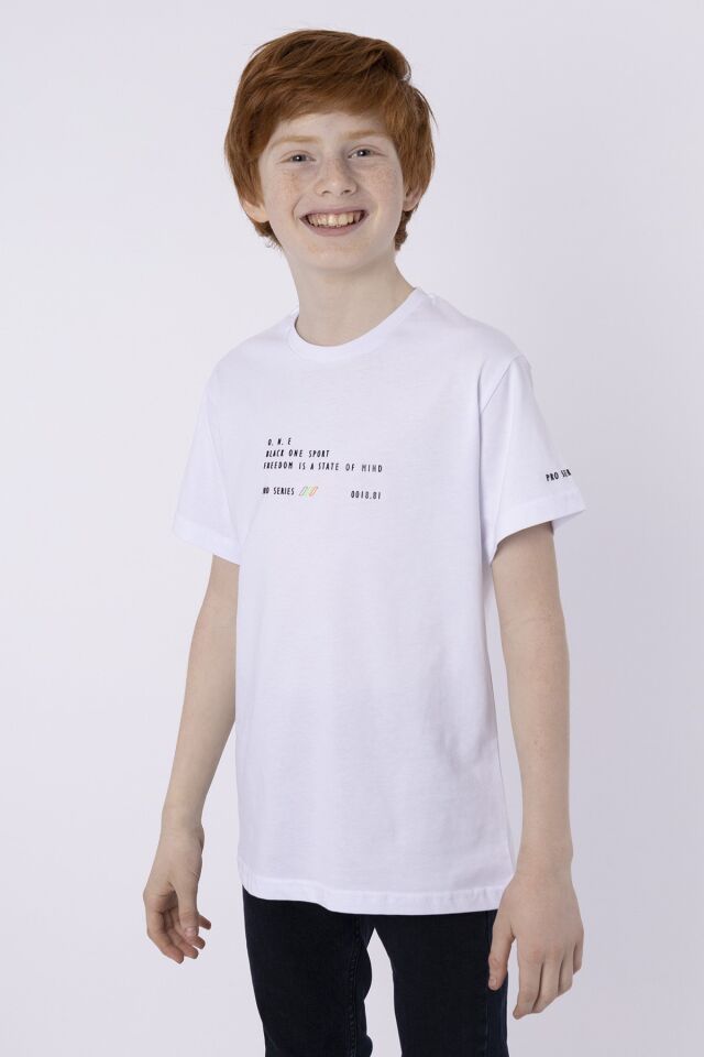 %100 PAMUK SÜPREM KUMAŞTAN ENJEKSİYON BASKILI ERKEK ÇOCUK T-SHIRT YAZLIK BİSİKLET YAKA BLACK ONE 8-9 Yaş - BEYAZ