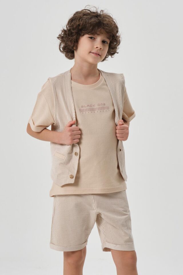 Petek Kumaştan Baskı Detaylı Erkek Çocuk Alt Şort Üst Bisiklet Yaka T-shırt Yelek Takımı VİZON - 3-4 Yaş