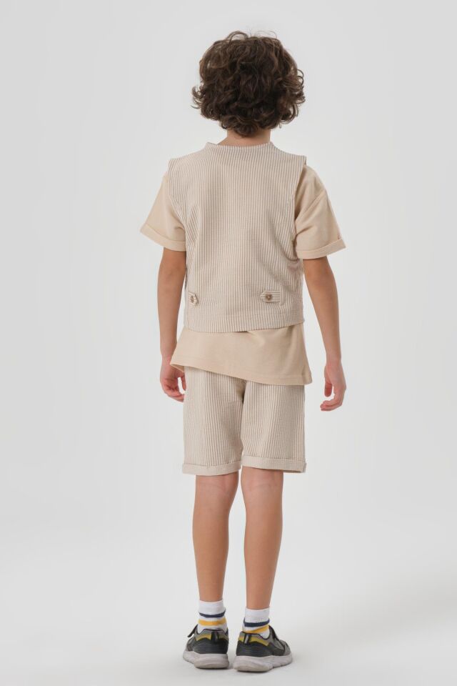 Petek Kumaştan Baskı Detaylı Erkek Çocuk Alt Şort Üst Bisiklet Yaka T-shırt Yelek Takımı VİZON - 3-4 Yaş