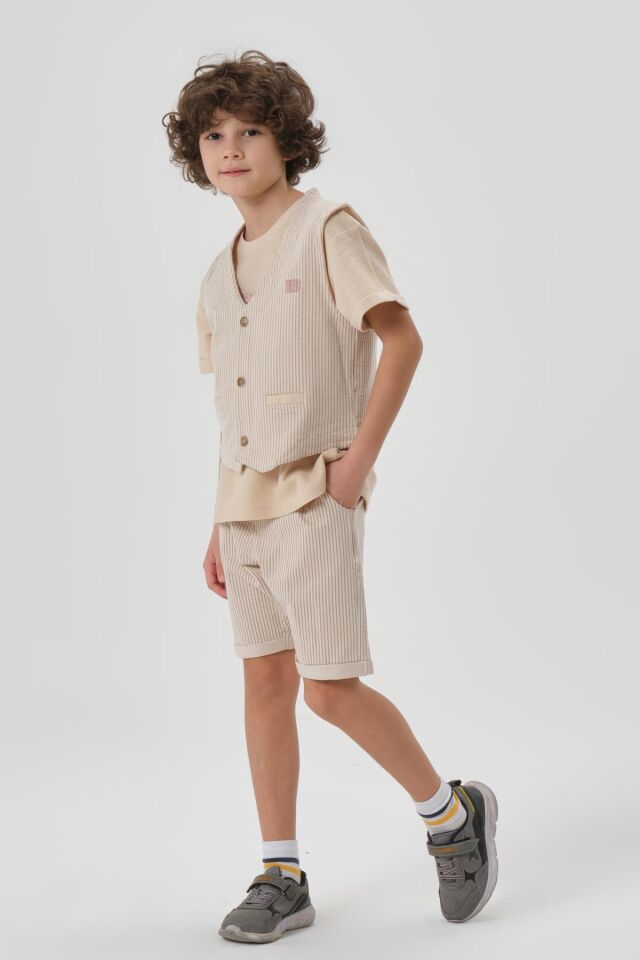 Petek Kumaştan Baskı Detaylı Erkek Çocuk Alt Şort Üst Bisiklet Yaka T-shırt Yelek Takımı VİZON - 2-3 Yaş