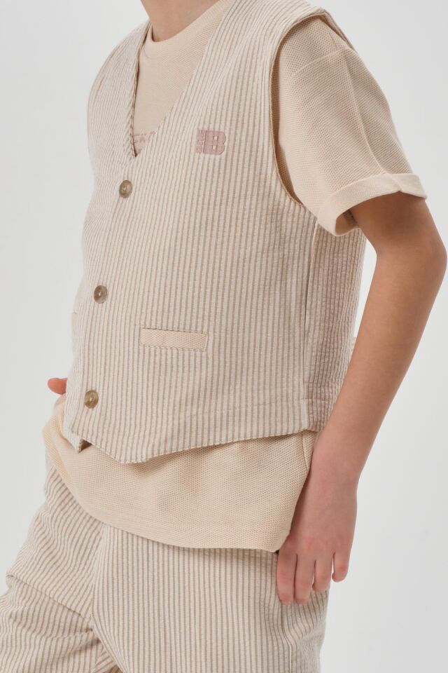 Petek Kumaştan Baskı Detaylı Erkek Çocuk Alt Şort Üst Bisiklet Yaka T-shırt Yelek Takımı VİZON - 2-3 Yaş