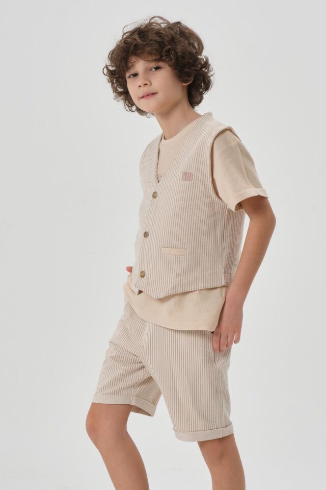 Petek Kumaştan Baskı Detaylı Erkek Çocuk Alt Şort Üst Bisiklet Yaka T-shırt Yelek Takımı VİZON - 7-8 Yaş