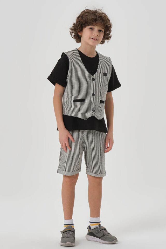 Petek Kumaştan Baskı Detaylı Erkek Çocuk Alt Şort Üst Bisiklet Yaka T-shırt Yelek Takımı SİYAH - 5-6 Yaş