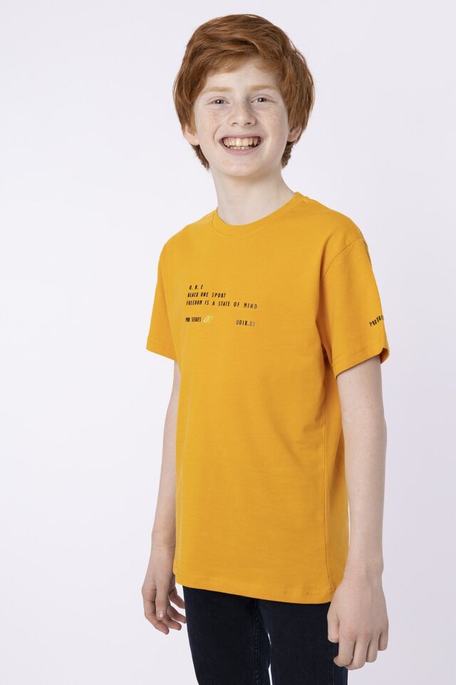 %100 PAMUK SÜPREM KUMAŞTAN ENJEKSİYON BASKILI ERKEK ÇOCUK T-SHIRT YAZLIK BİSİKLET YAKA BLACK ONE 9-10 Yaş - HARDAL