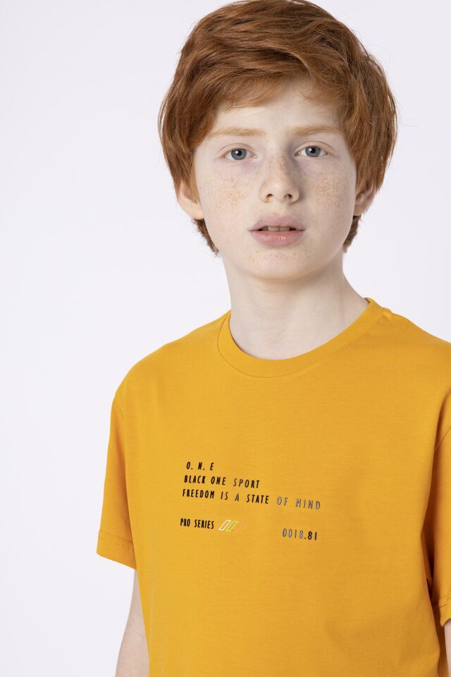 %100 PAMUK SÜPREM KUMAŞTAN ENJEKSİYON BASKILI ERKEK ÇOCUK T-SHIRT YAZLIK BİSİKLET YAKA BLACK ONE 9-10 Yaş - HARDAL