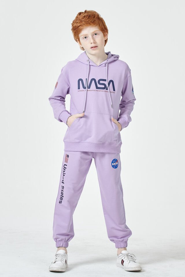 Erkek Çocuk Şardonsuz 2 İplik Baskılı Kapüşonlu Spor Eşofman Takımı – Normal Kalıp 10-11 Yaş - LİLA