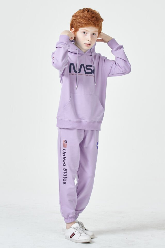 Erkek Çocuk Şardonsuz 2 İplik Baskılı Kapüşonlu Spor Eşofman Takımı – Normal Kalıp 10-11 Yaş - LİLA
