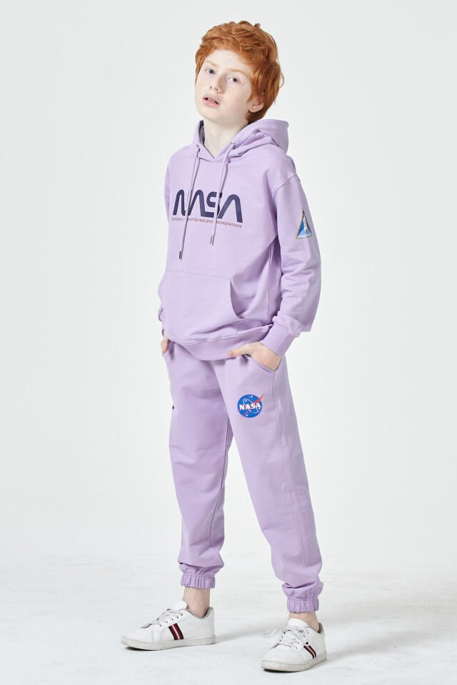 Erkek Çocuk Şardonsuz 2 İplik Baskılı Kapüşonlu Spor Eşofman Takımı – Normal Kalıp 10-11 Yaş - LİLA