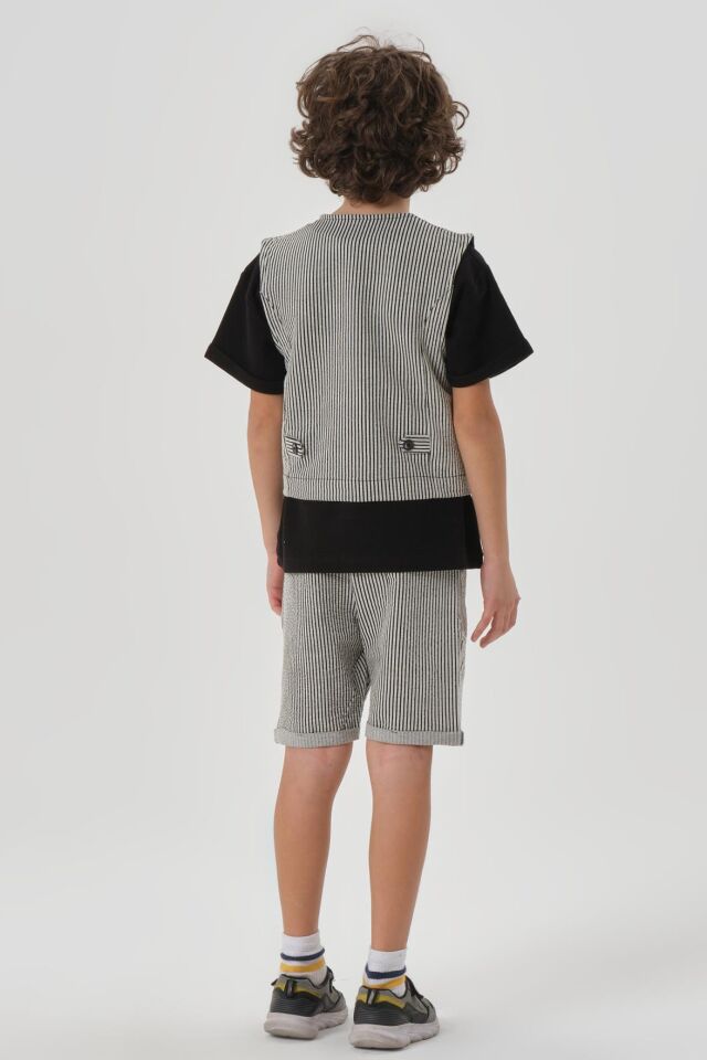 Petek Kumaştan Baskı Detaylı Erkek Çocuk Alt Şort Üst Bisiklet Yaka T-shırt Yelek Takımı SİYAH - 7-8 Yaş