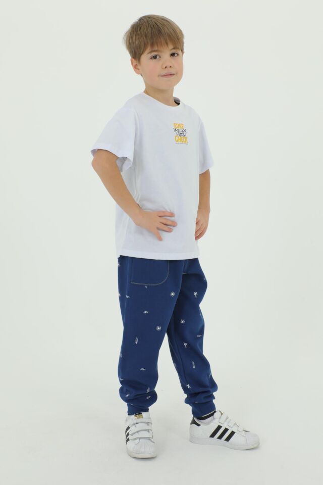 Bisiklet Yaka Baskı Detaylı Desenli Erkek Çocuk Eşofman Takımı BEYAZ - 5-6 Yaş