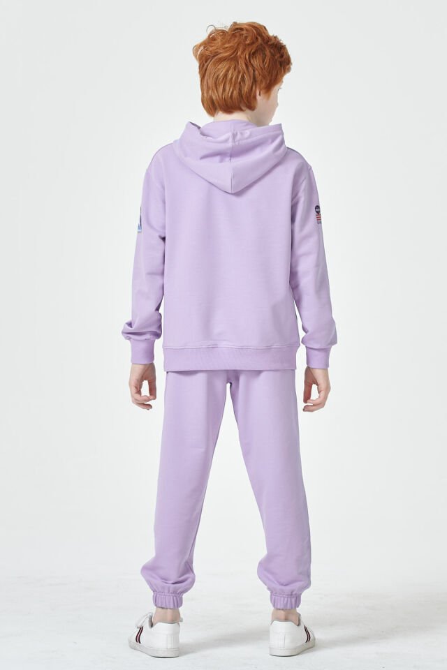 Erkek Çocuk Şardonsuz 2 İplik Baskılı Kapüşonlu Spor Eşofman Takımı – Normal Kalıp 11-12 Yaş - LİLA