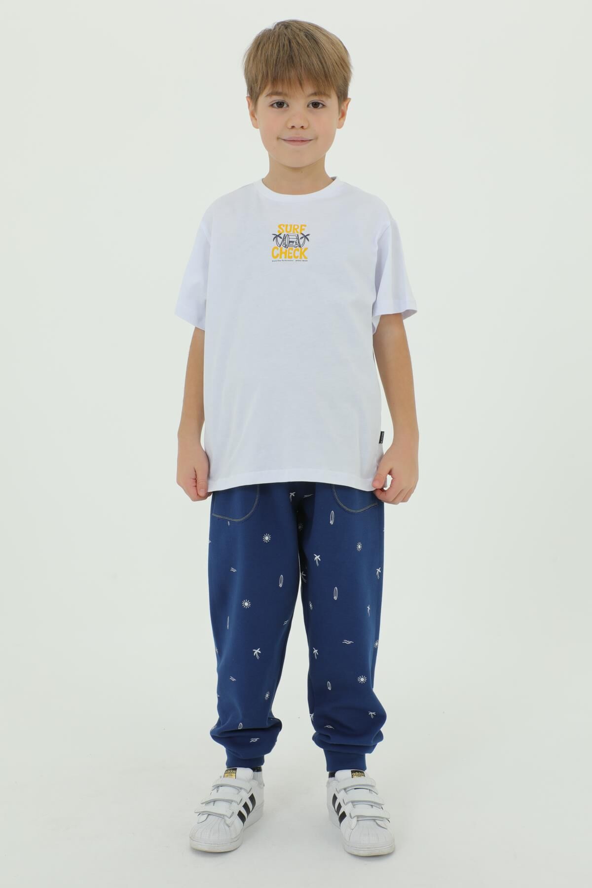 Bisiklet Yaka Baskı Detaylı Desenli Erkek Çocuk Eşofman Takımı BEYAZ - 7-8 Yaş