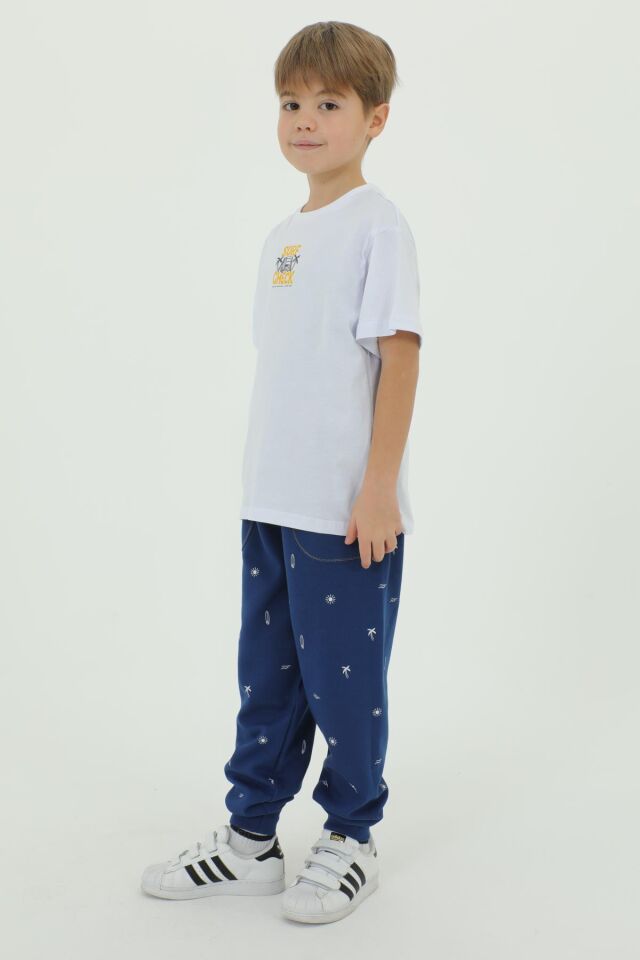 Bisiklet Yaka Baskı Detaylı Desenli Erkek Çocuk Eşofman Takımı BEYAZ - 7-8 Yaş