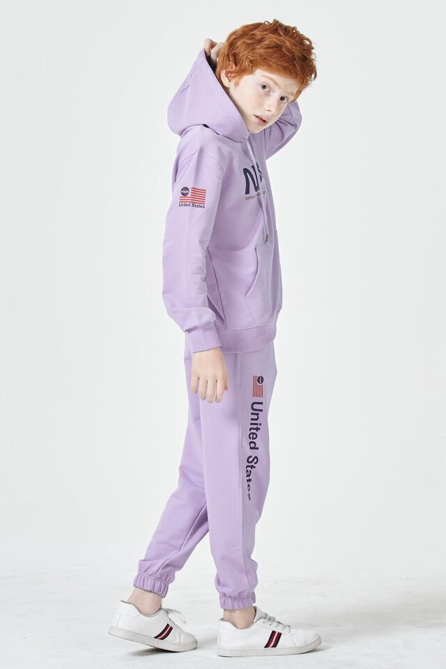 Erkek Çocuk Şardonsuz 2 İplik Baskılı Kapüşonlu Spor Eşofman Takımı – Normal Kalıp 14-15 Yaş - LİLA