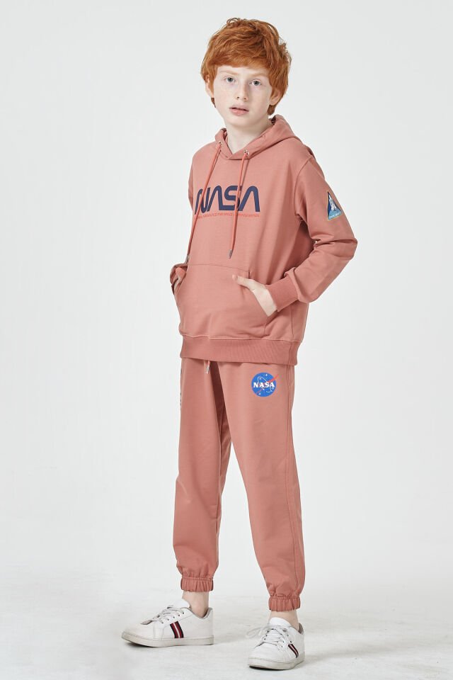 Erkek Çocuk Şardonsuz 2 İplik Baskılı Kapüşonlu Spor Eşofman Takımı – Normal Kalıp 9-10 Yaş - GÜL KURUSU