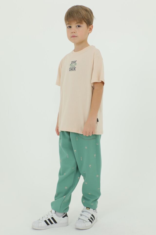 Bisiklet Yaka Baskı Detaylı Desenli Erkek Çocuk Eşofman Takımı BEJ - 5-6 Yaş