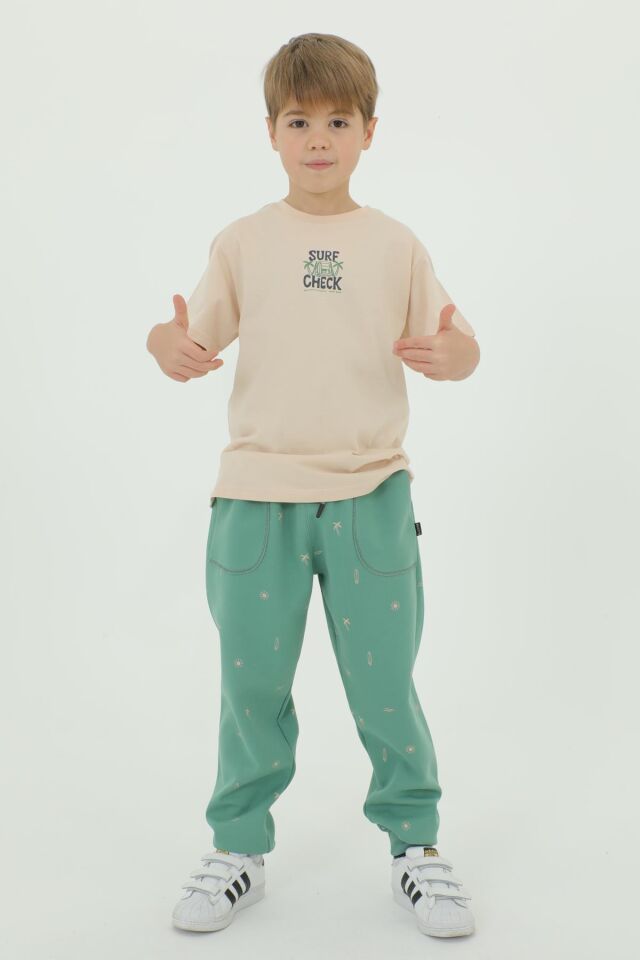 Bisiklet Yaka Baskı Detaylı Desenli Erkek Çocuk Eşofman Takımı BEJ - 5-6 Yaş