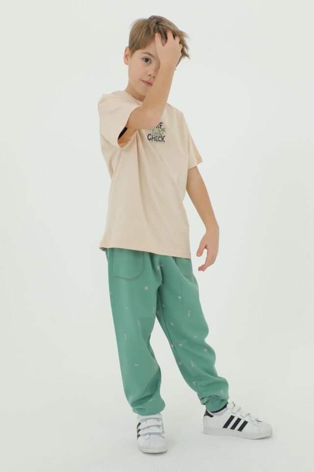 Bisiklet Yaka Baskı Detaylı Desenli Erkek Çocuk Eşofman Takımı BEJ - 5-6 Yaş