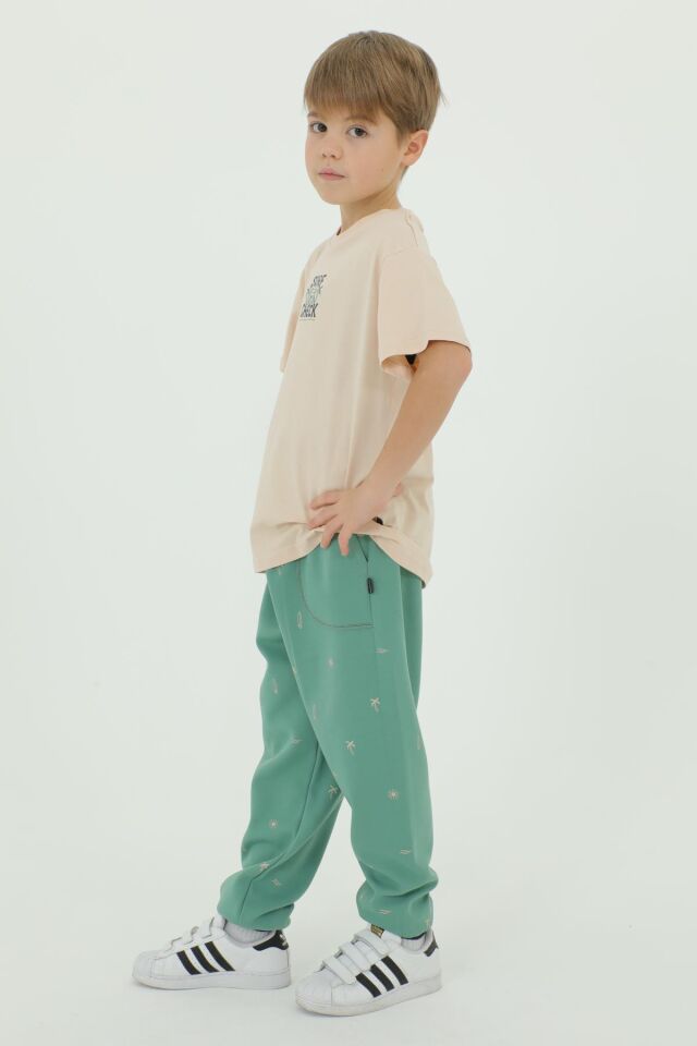 Bisiklet Yaka Baskı Detaylı Desenli Erkek Çocuk Eşofman Takımı BEJ - 5-6 Yaş